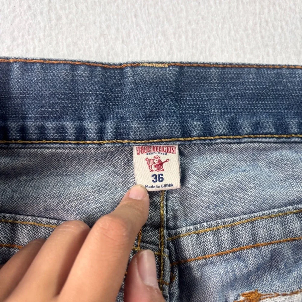 True Religion Joey Cutoff Denim Shorts 36 Distressed Flap Pocket Y2K Blue
